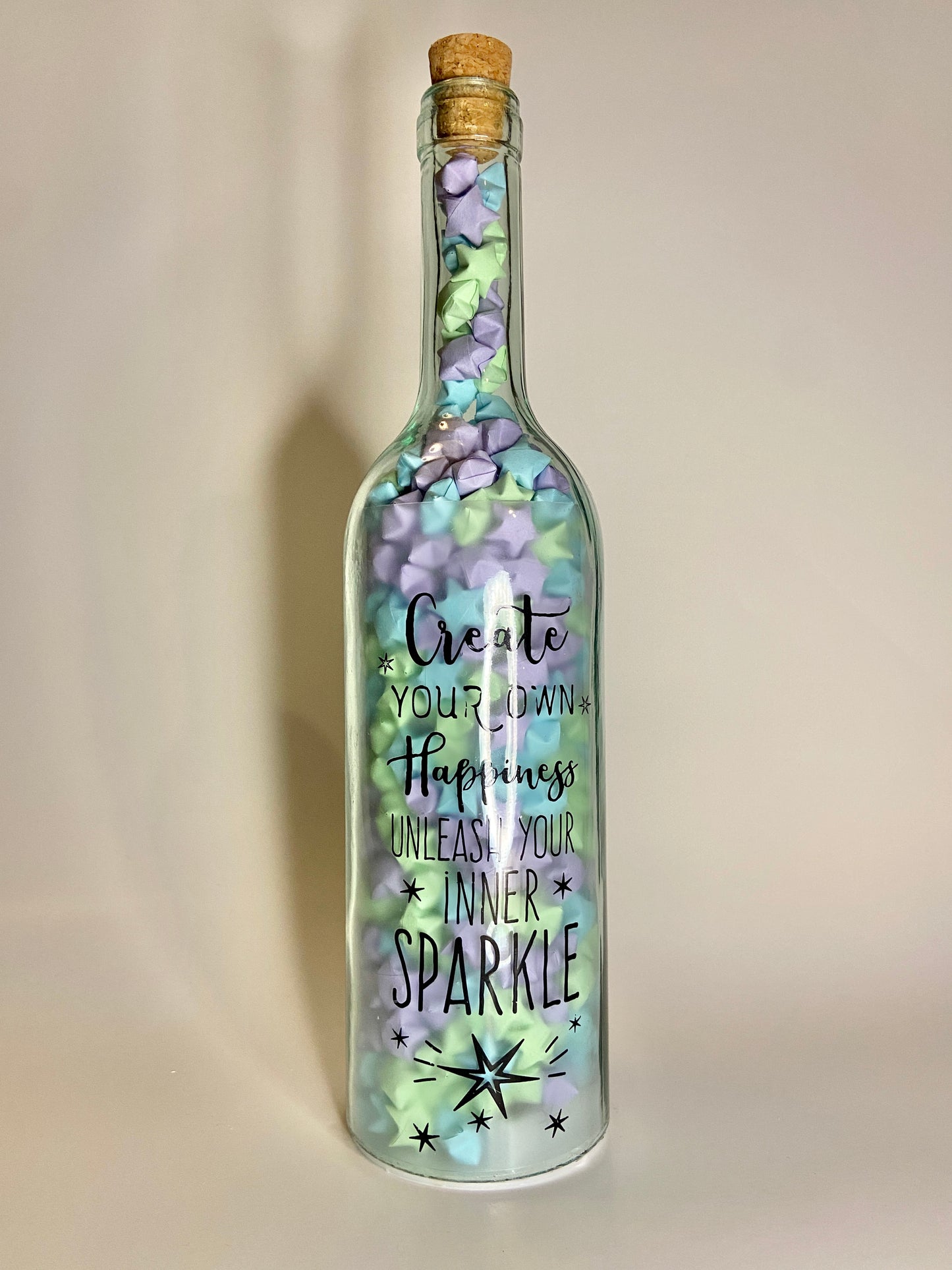 "Create Your Own Happiness" Blue/Purple Origami Stars Light Up Bottle