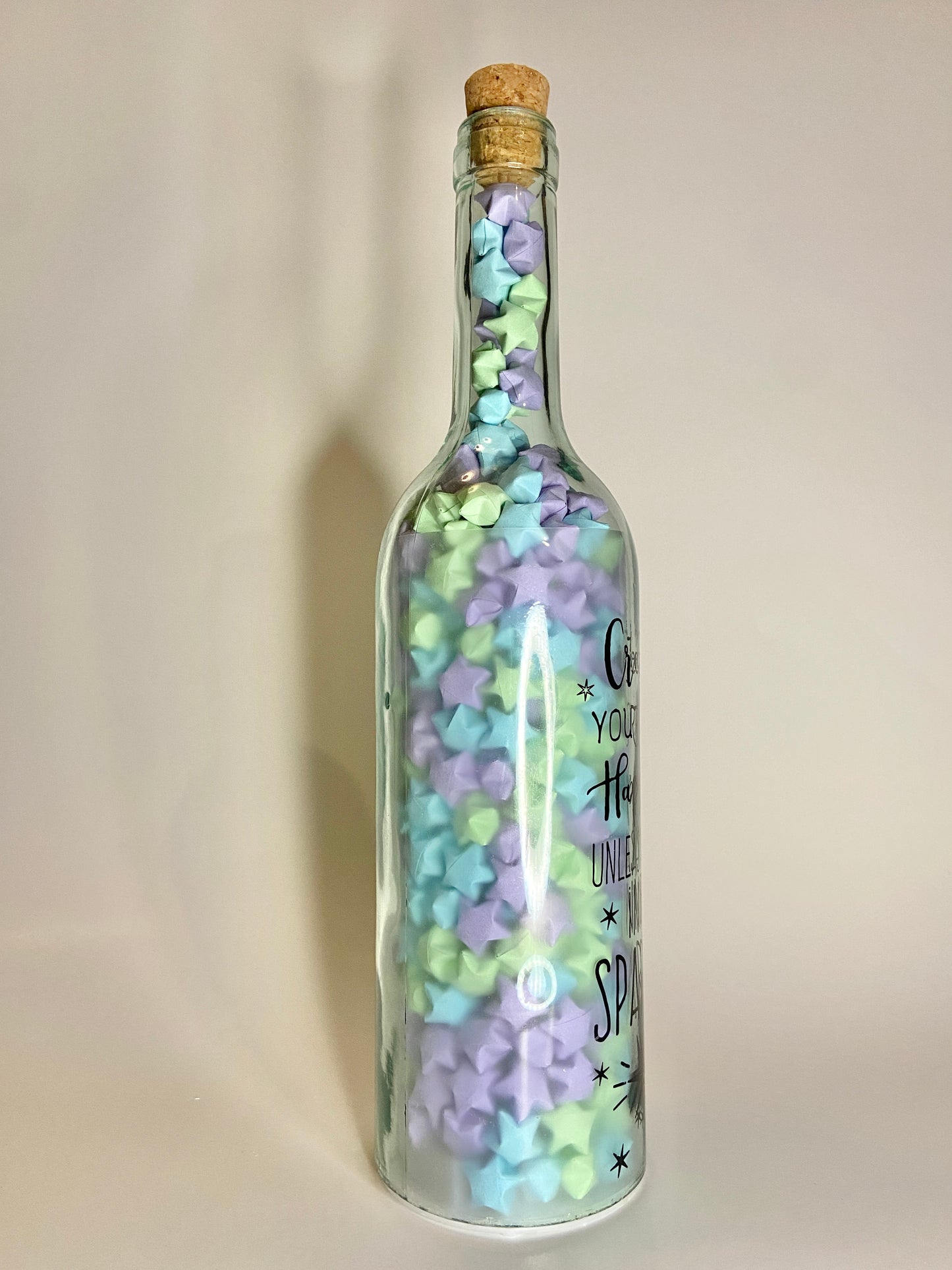 "Create Your Own Happiness" Blue/Purple Origami Stars Light Up Bottle