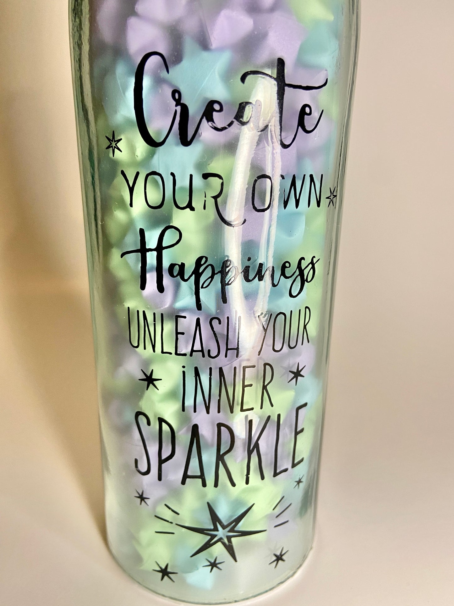 "Create Your Own Happiness" Blue/Purple Origami Stars Light Up Bottle