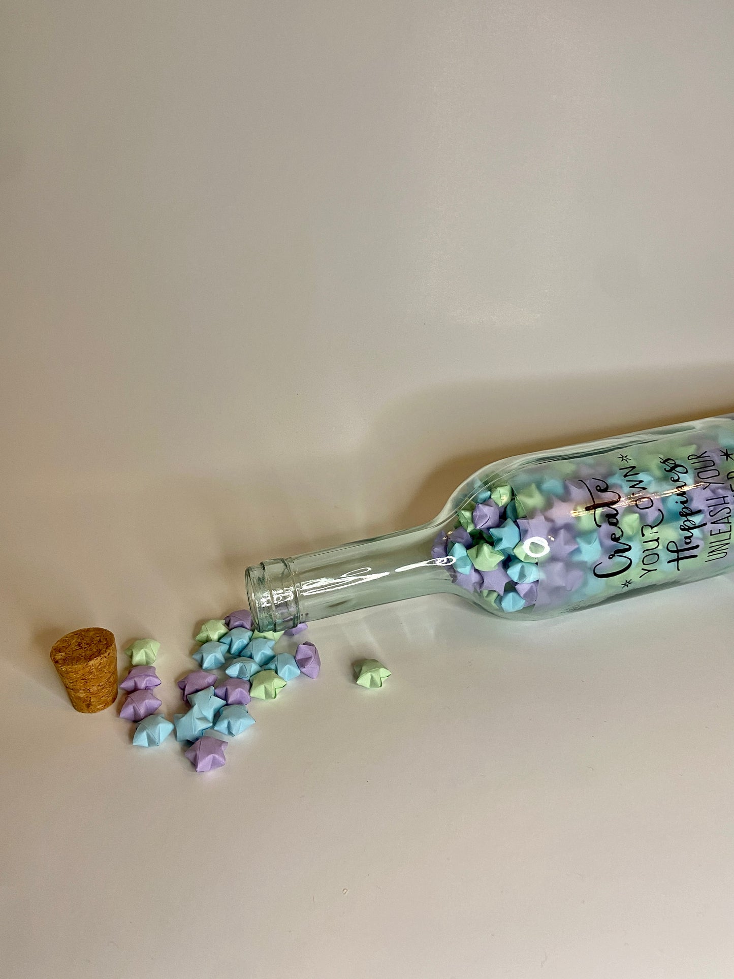 "Create Your Own Happiness" Blue/Purple Origami Stars Light Up Bottle