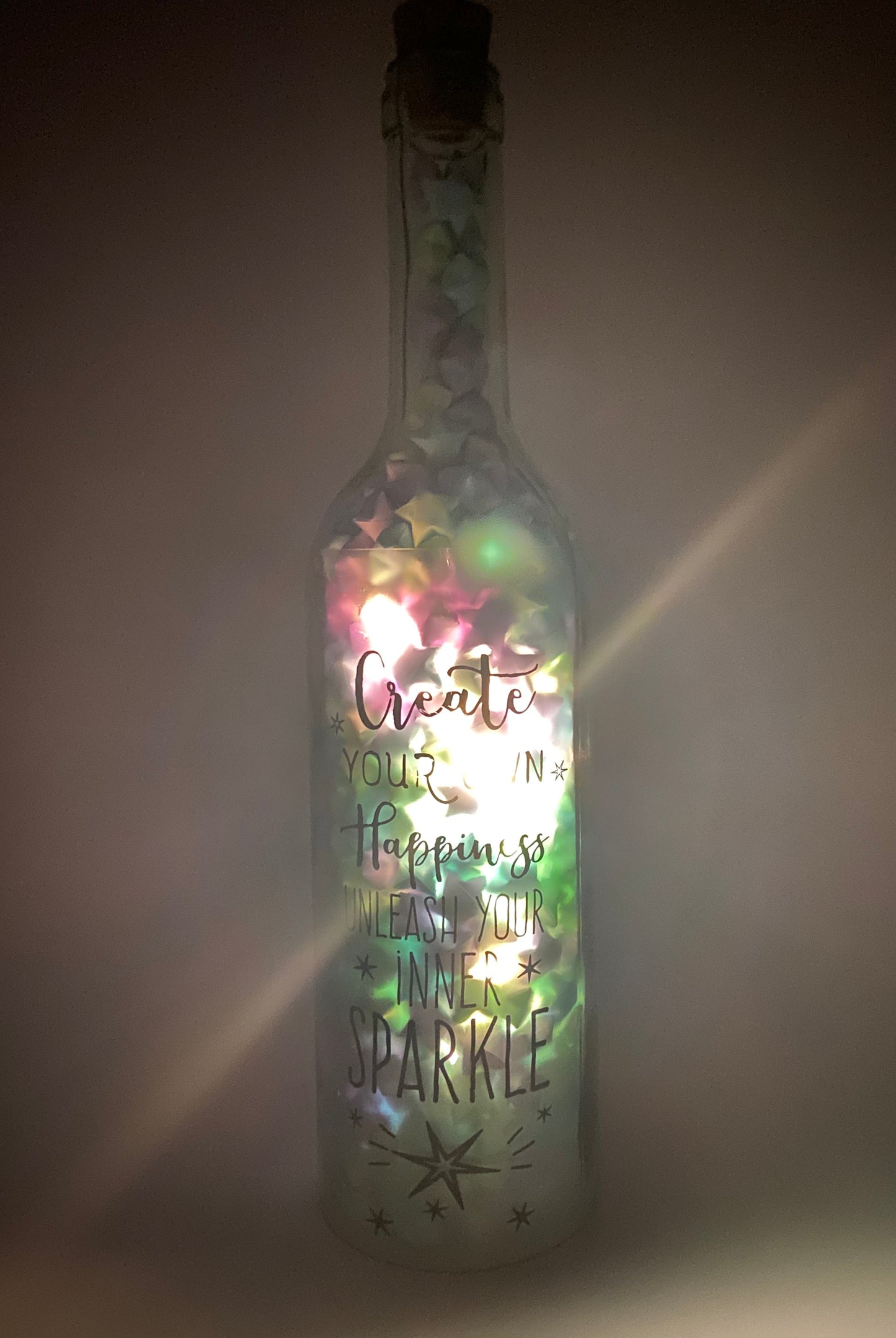 "Create Your Own Happiness" Blue/Purple Origami Stars Light Up Bottle