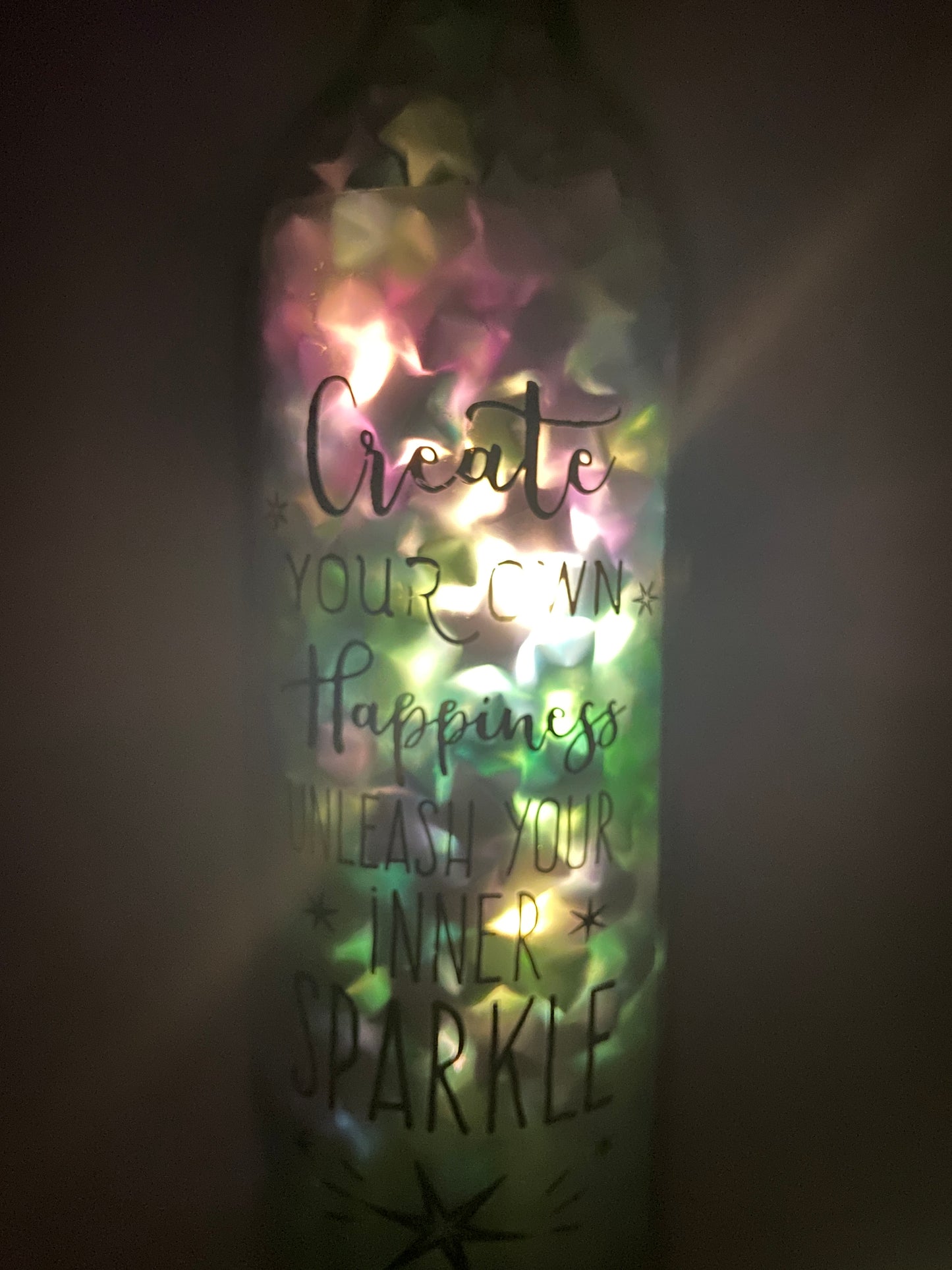 "Create Your Own Happiness" Blue/Purple Origami Stars Light Up Bottle