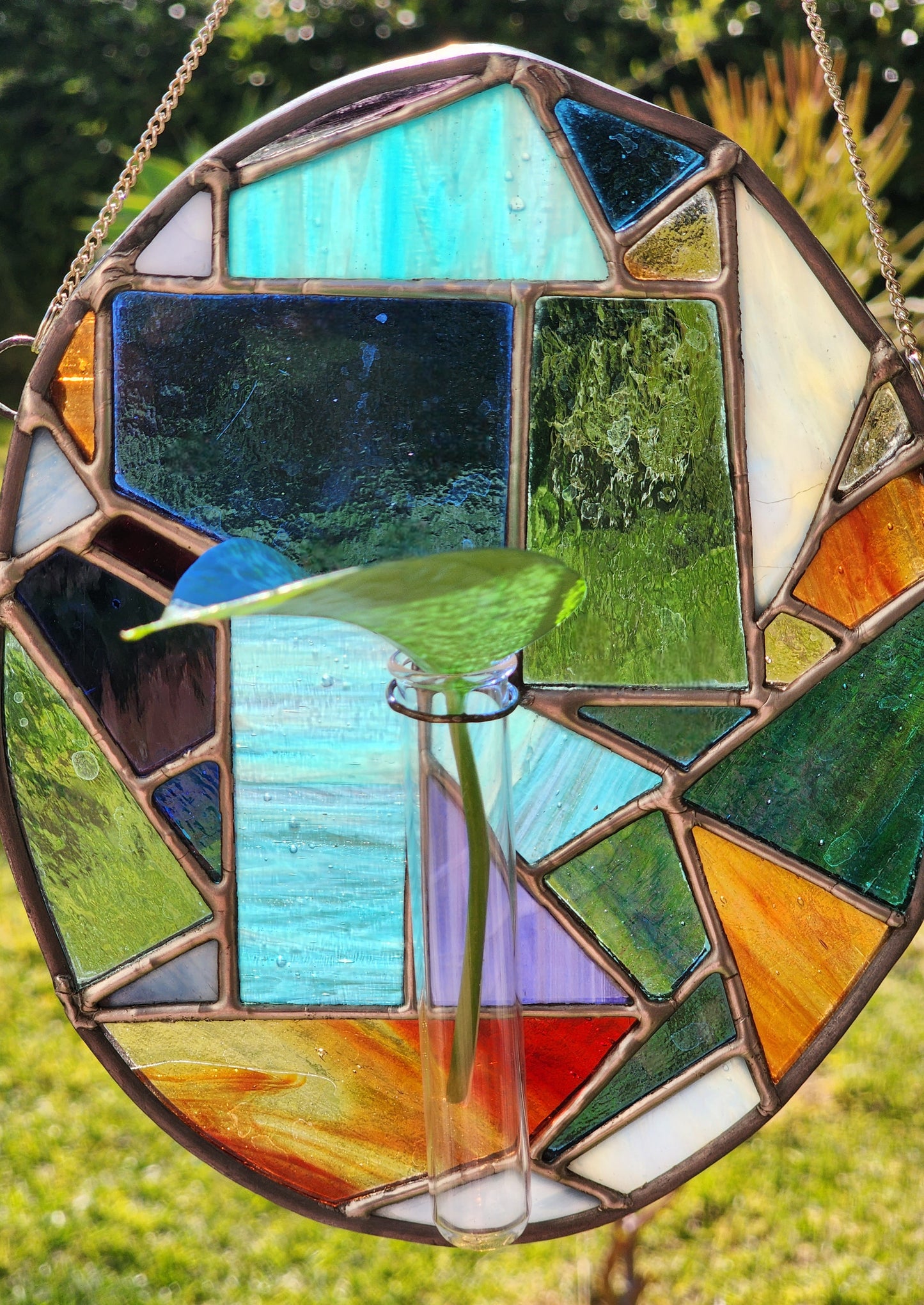 Colorful Geometric Oval Stained Glass Propagation Suncatcher