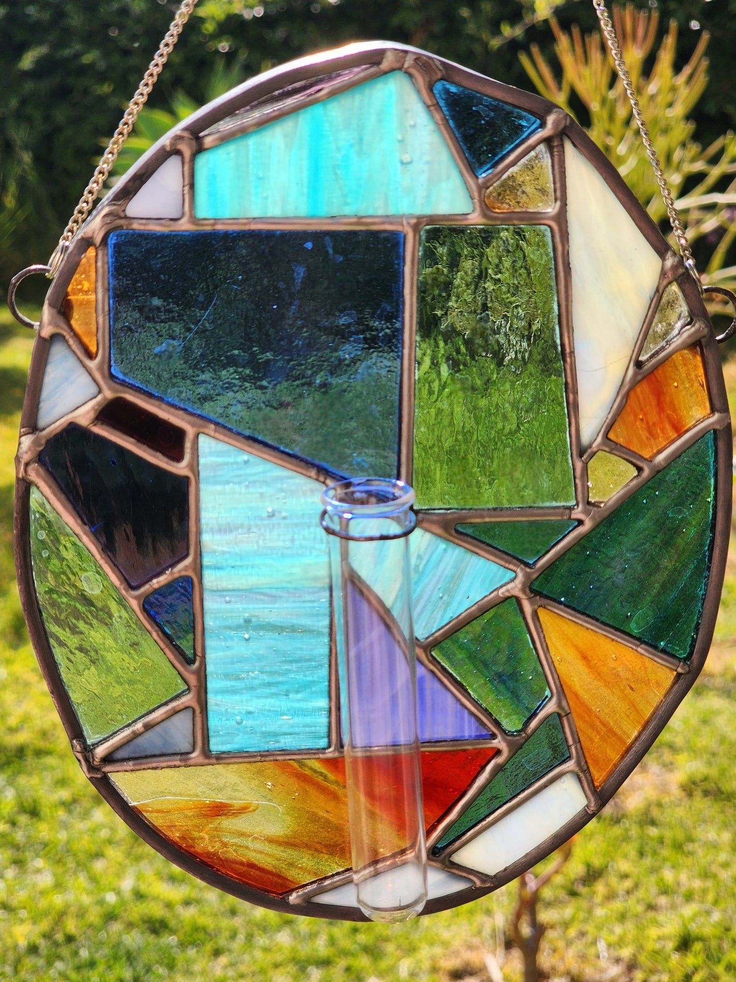 Colorful Geometric Oval Stained Glass Propagation Suncatcher