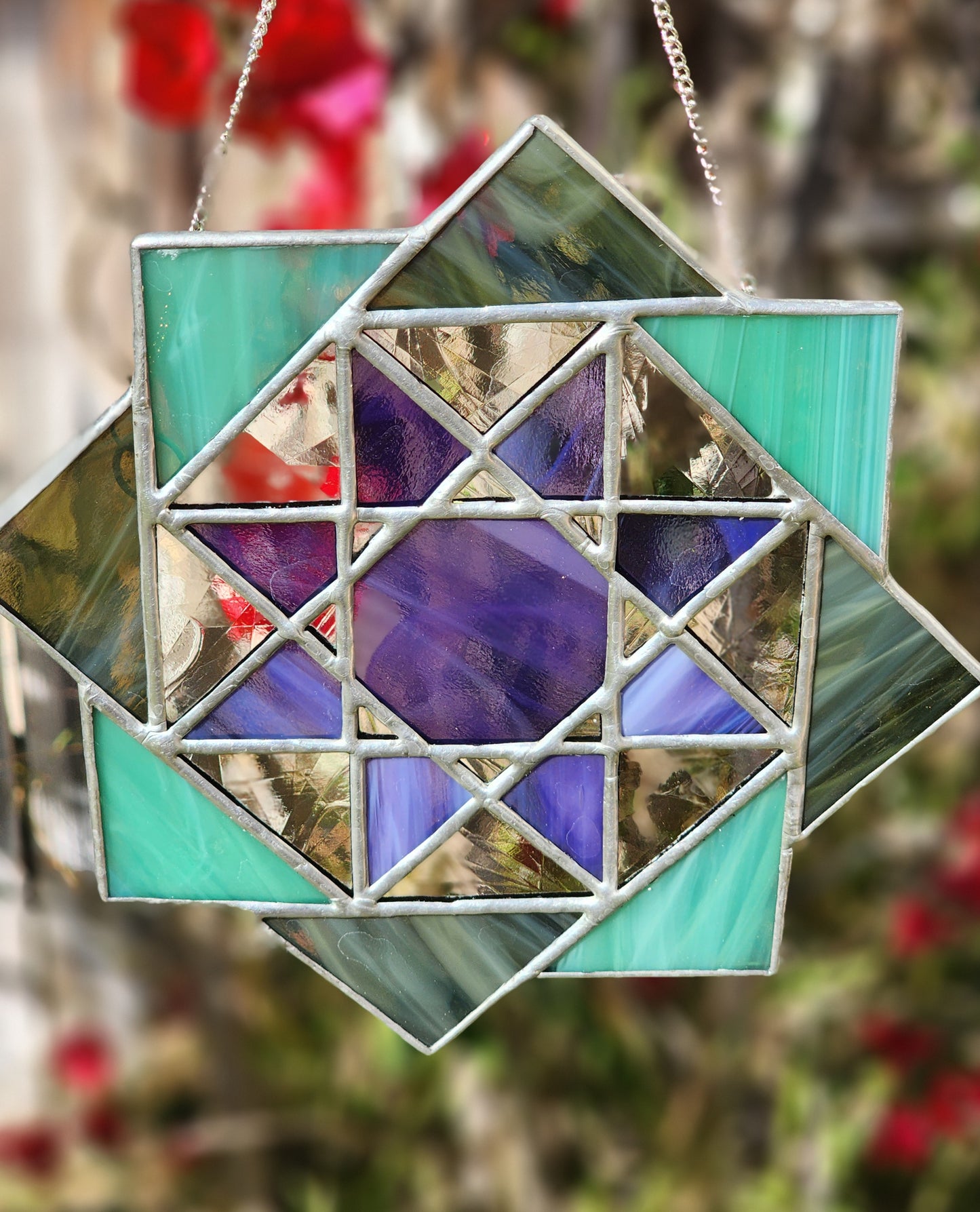 Green and Purple Geometric Flower Suncatcher