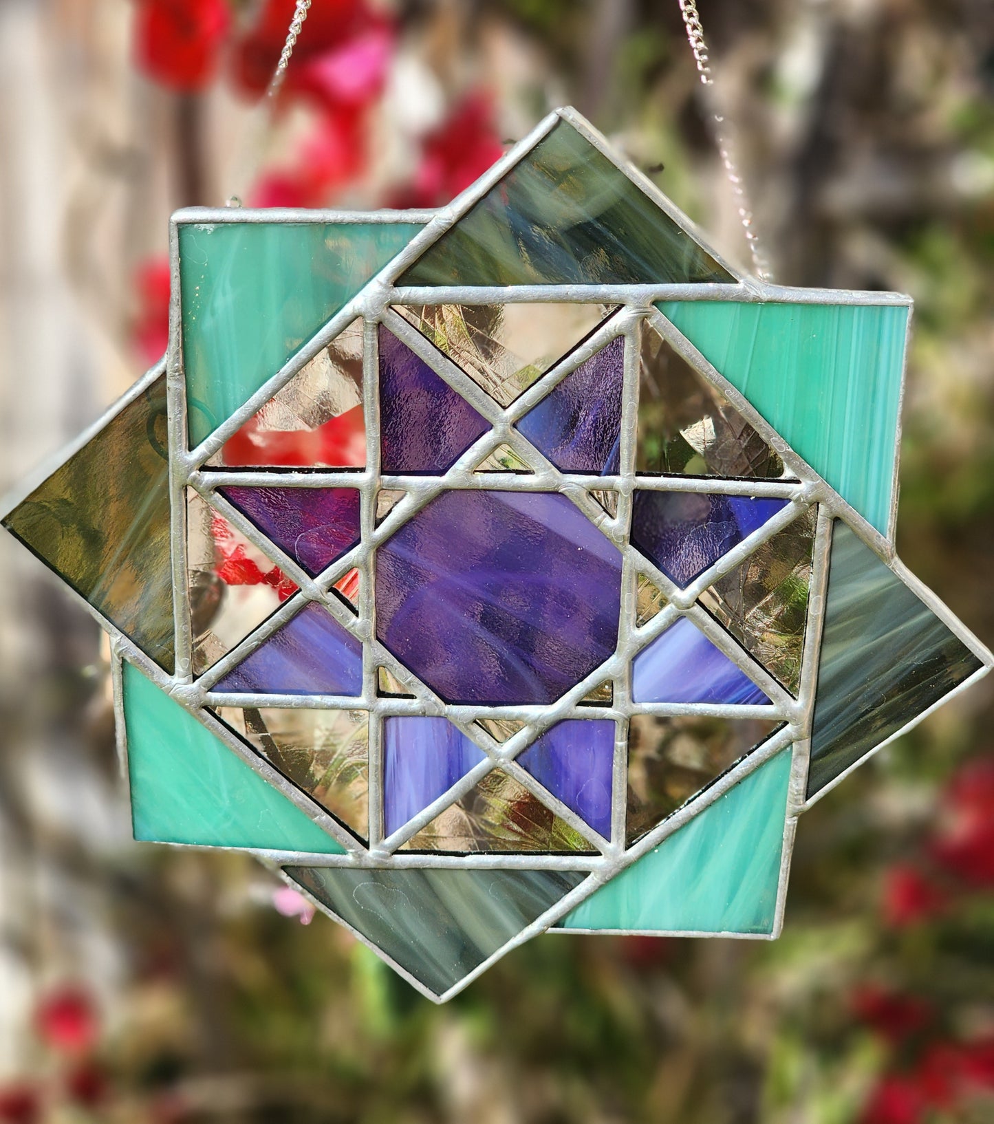 Green and Purple Geometric Flower Suncatcher