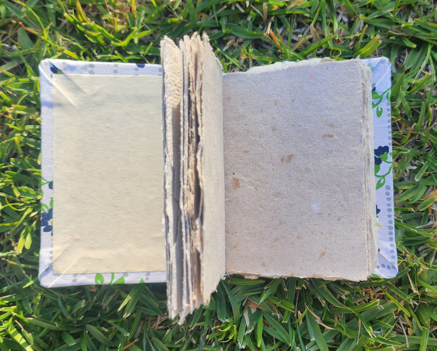 Handcrafted A7 Journal with White Blue Flower Cover and Beige Paper